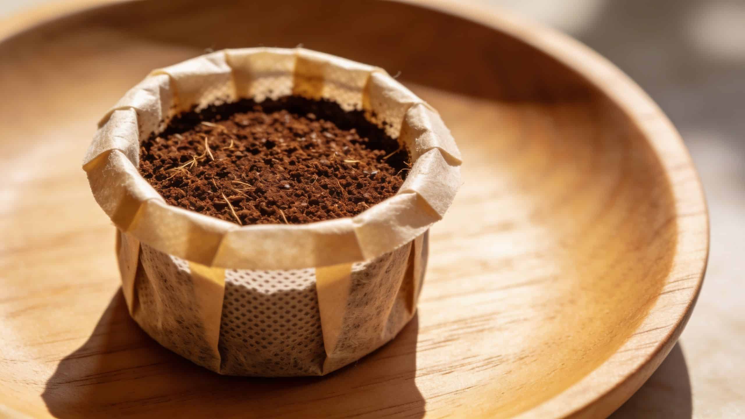 A close-up view of a single-serve coffee pod filled with fresh grounds resting on a wooden tray.