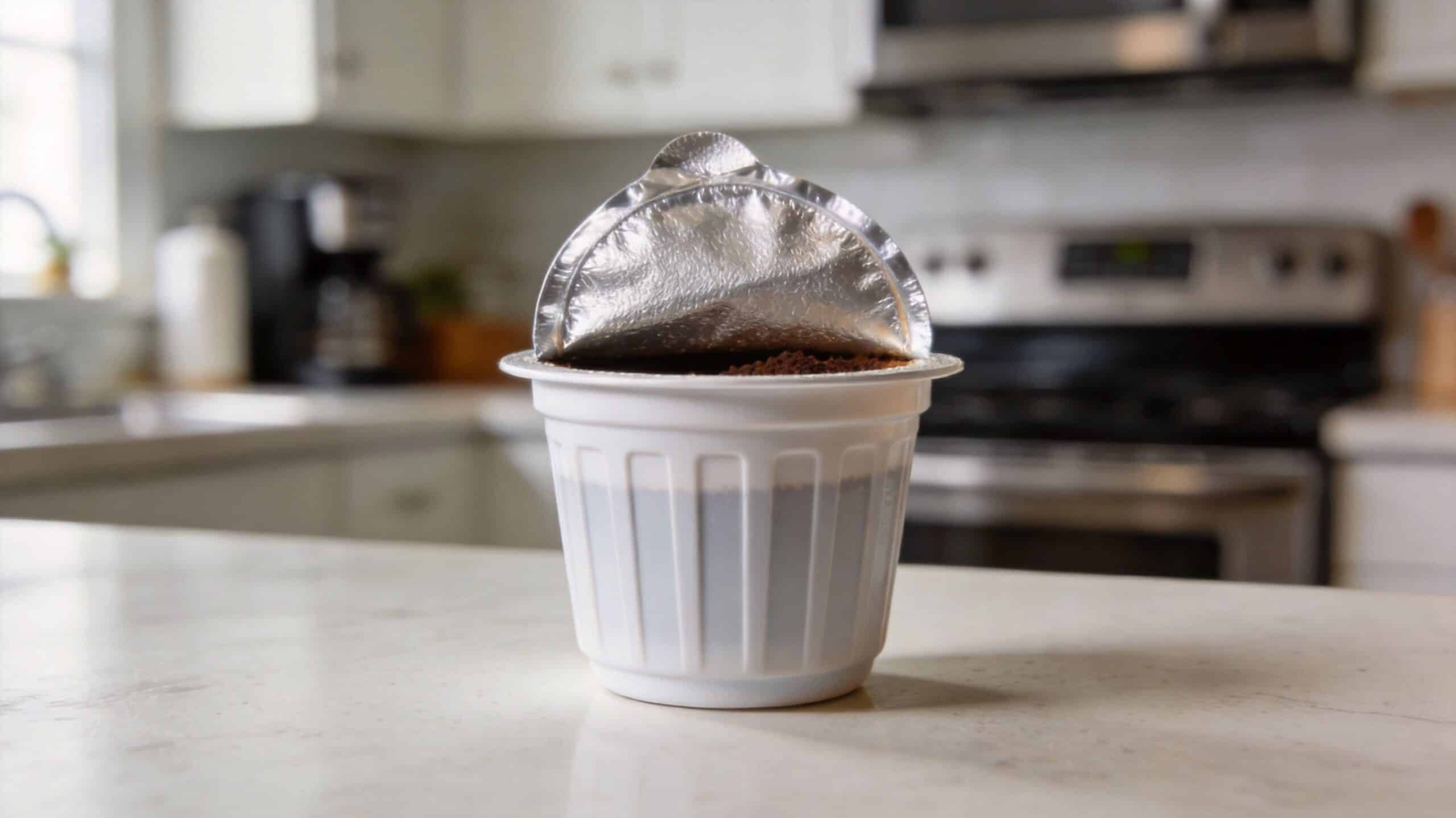 A close-up view of an opened coffee pod sitting on a clean, white kitchen countertop.