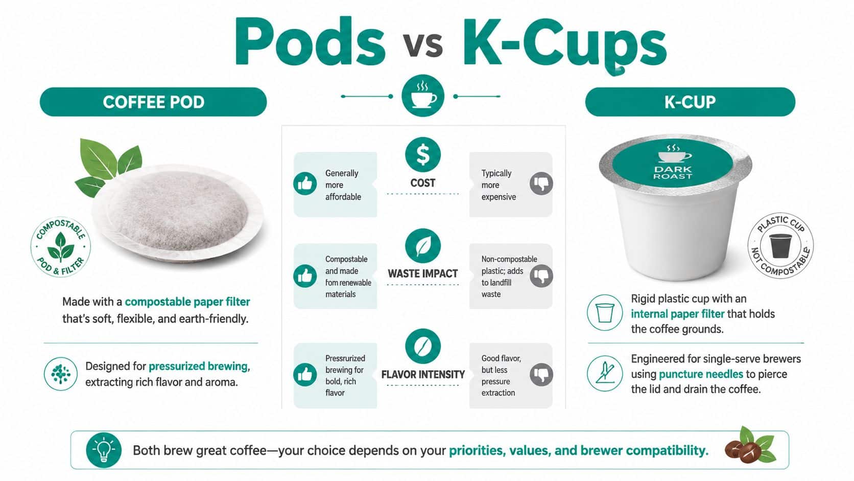 A comparison infographic between coffee pods and K-Cups detailing differences in cost, waste impact, and flavor intensity.