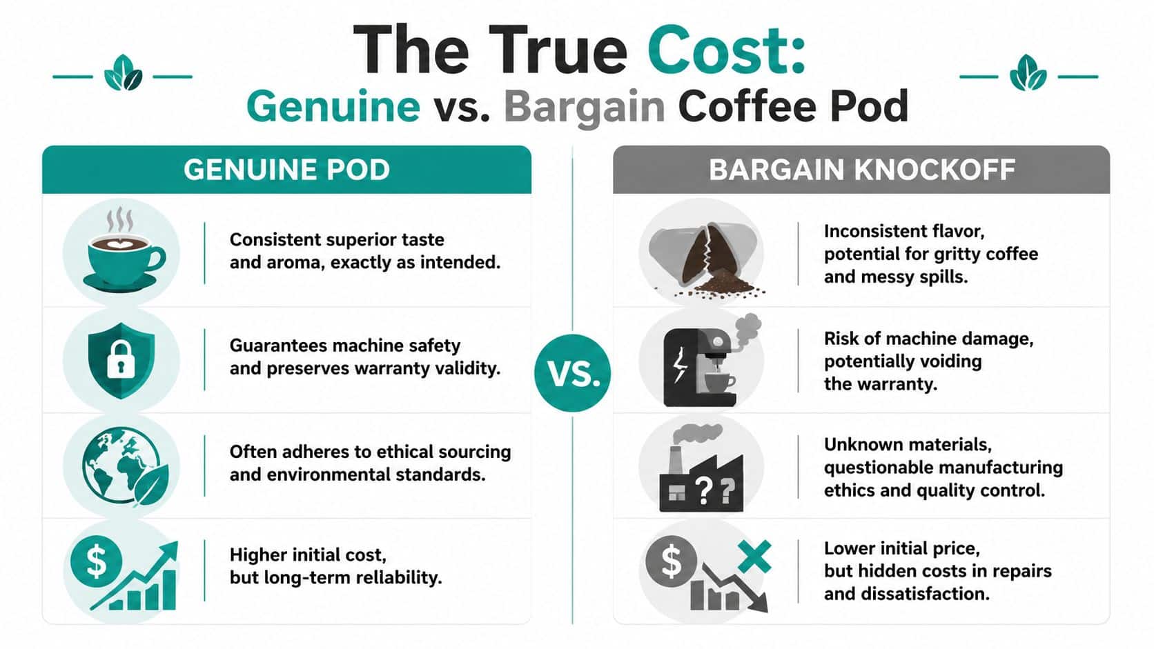 A comparison infographic showing the advantages of using genuine coffee pods versus the risks of bargain knockoffs.