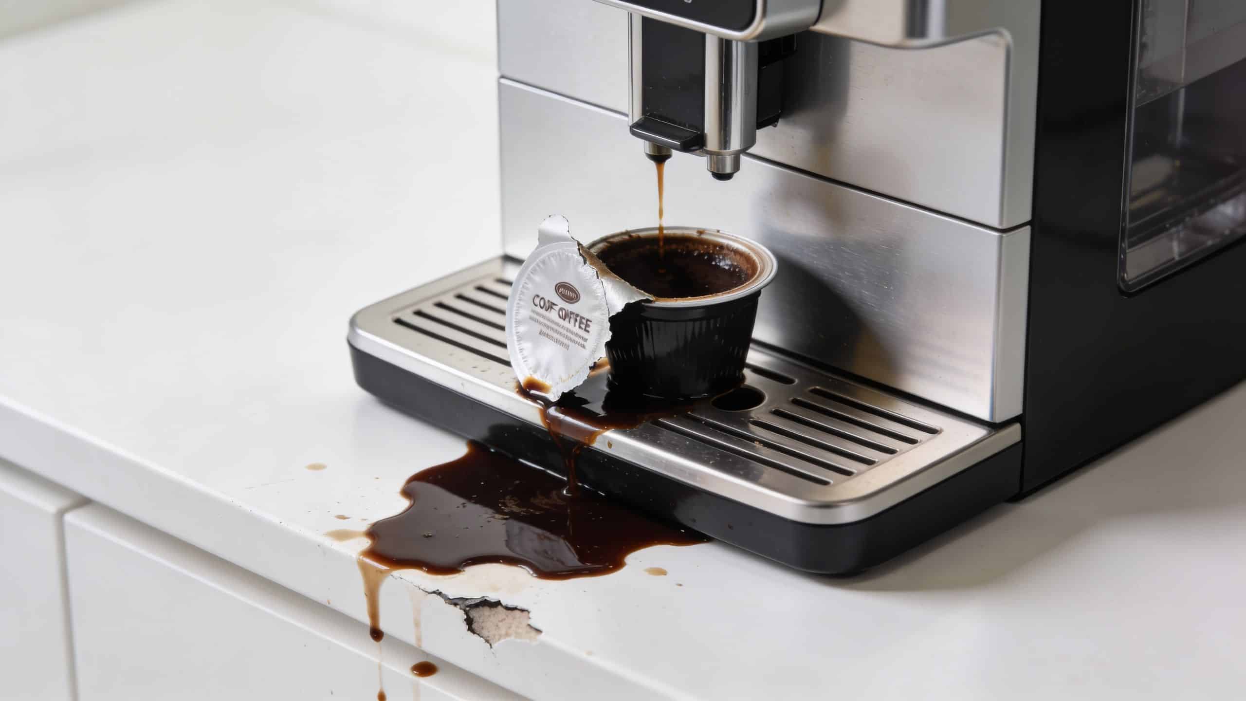A coffee machine overflowing with spilled coffee onto a white countertop and damaged cabinetry.