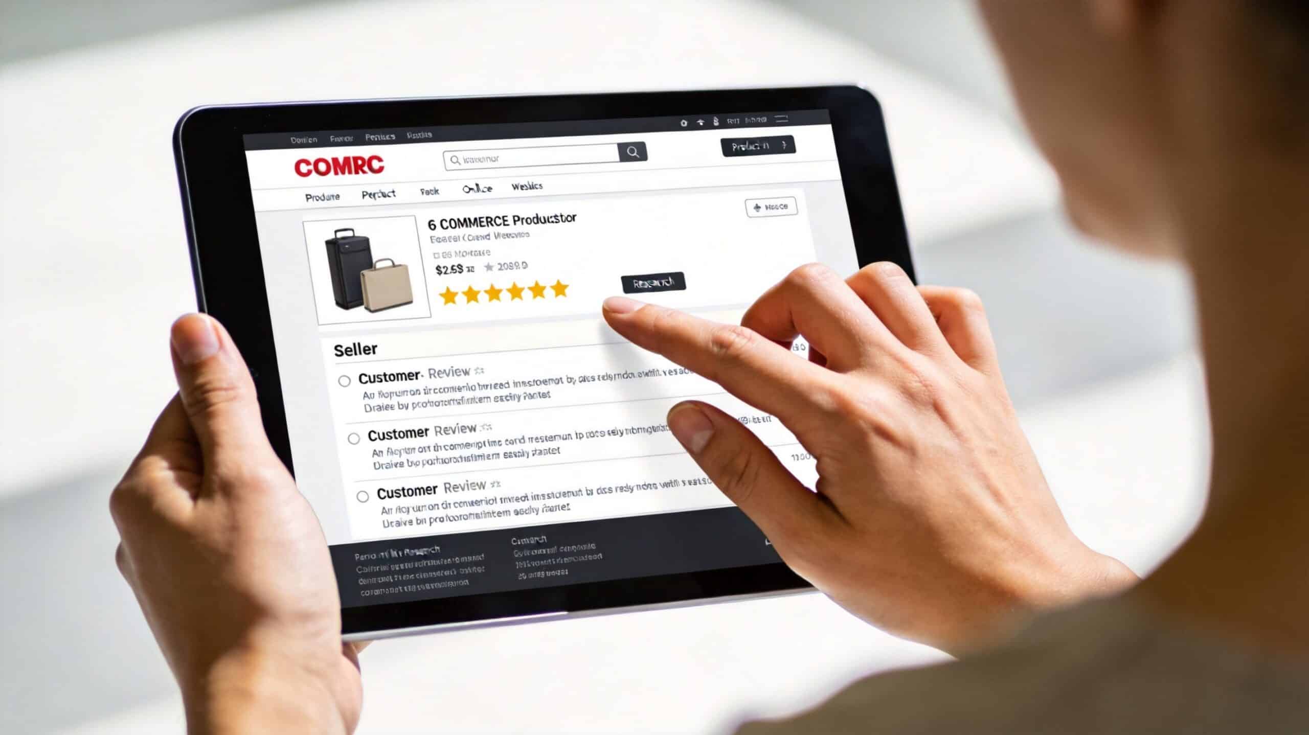 A person holding a tablet showing a product page, focusing on reviews and evaluating product authenticity.