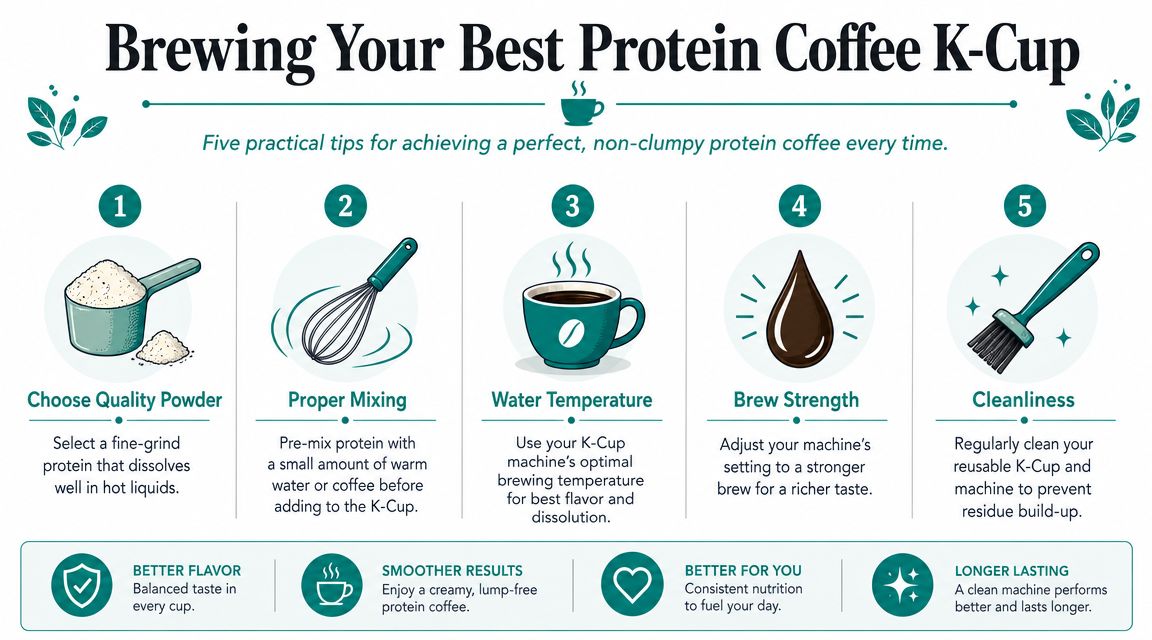 An infographic showing five tips for brewing smooth, clump-free protein coffee using a K-Cup coffee machine.