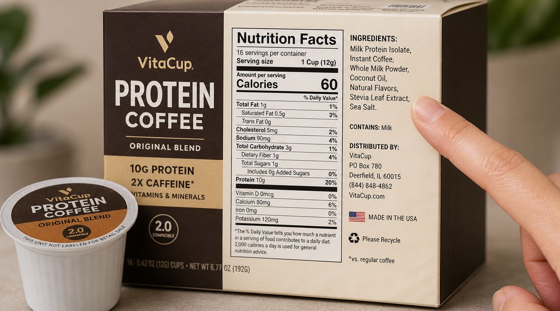 A box of VitaCup protein coffee pods showing the nutrition facts and ingredients label on the back.