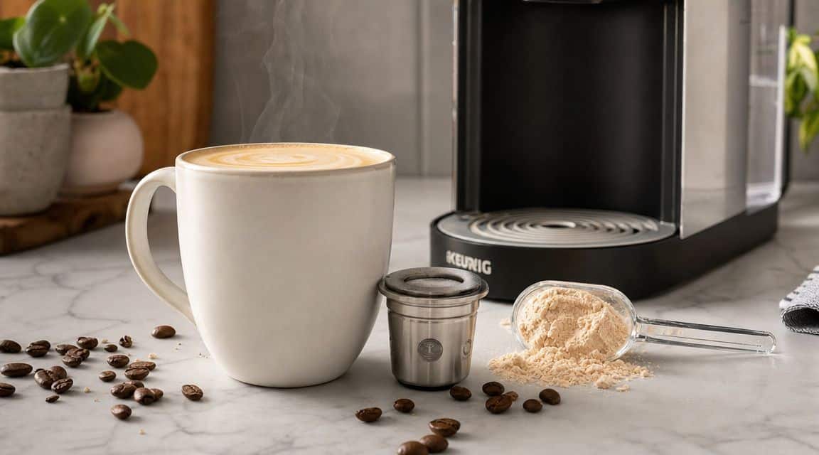 Keurig coffee maker with reusable filter, coffee beans, and latte in a mug
