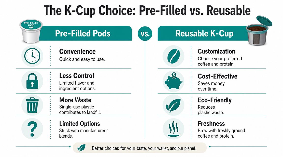 A comparison infographic between pre-filled K-cups and reusable coffee pods highlighting benefits and drawbacks.