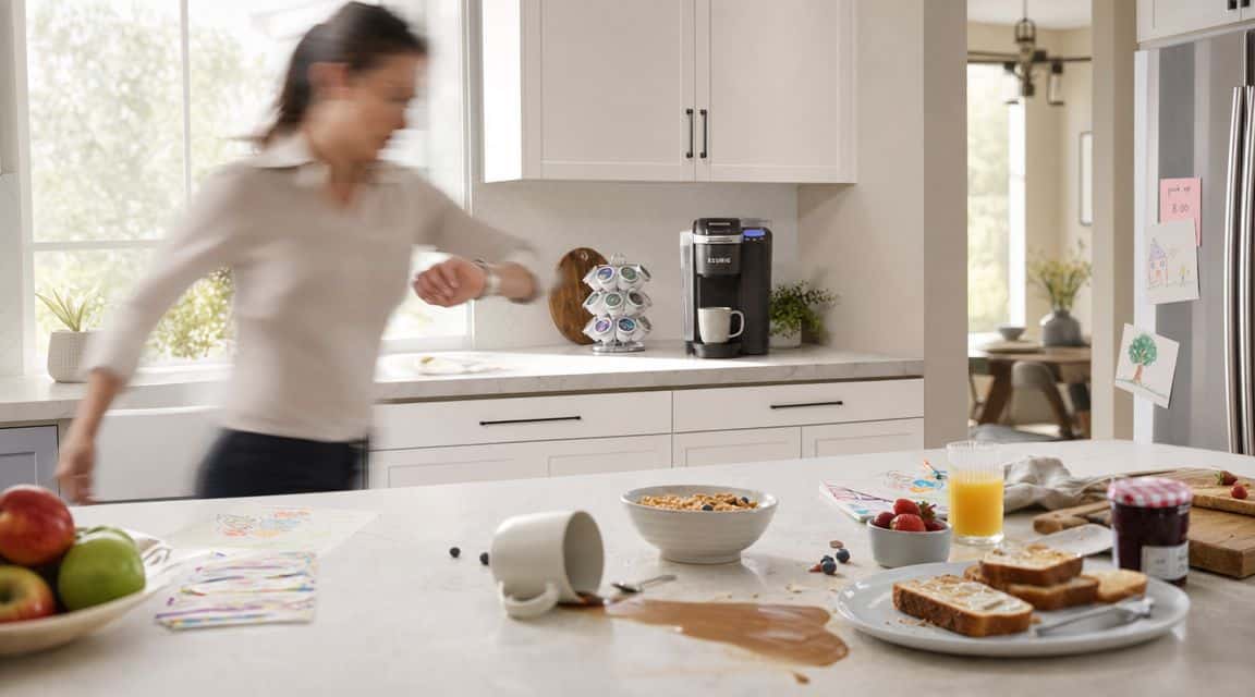 A woman rushing in a kitchen where coffee is spilled on a countertop next to breakfast items.