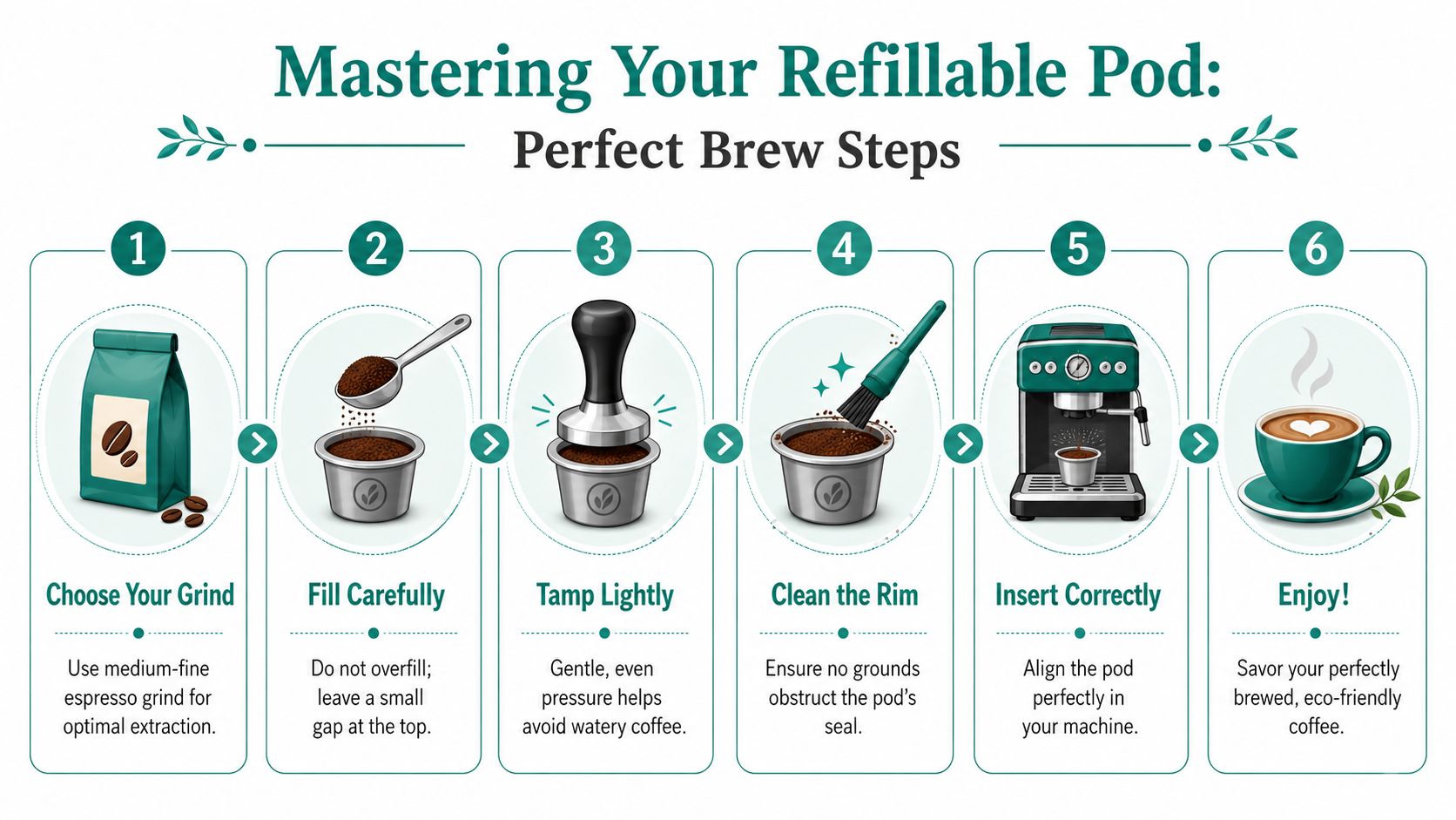 An infographic illustrating six easy steps to prepare and use a refillable coffee pod for espresso machines.