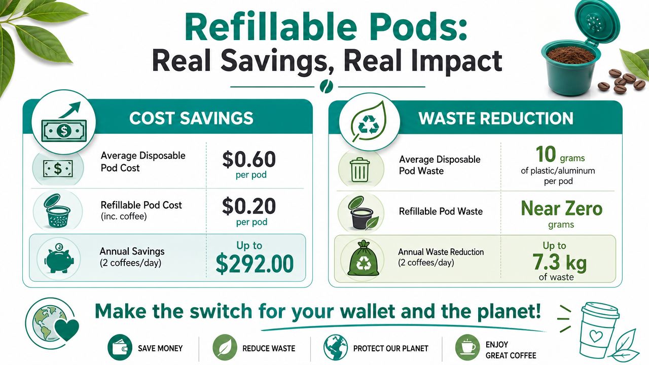 An infographic comparing the cost savings and environmental waste reduction benefits of using refillable coffee pods.