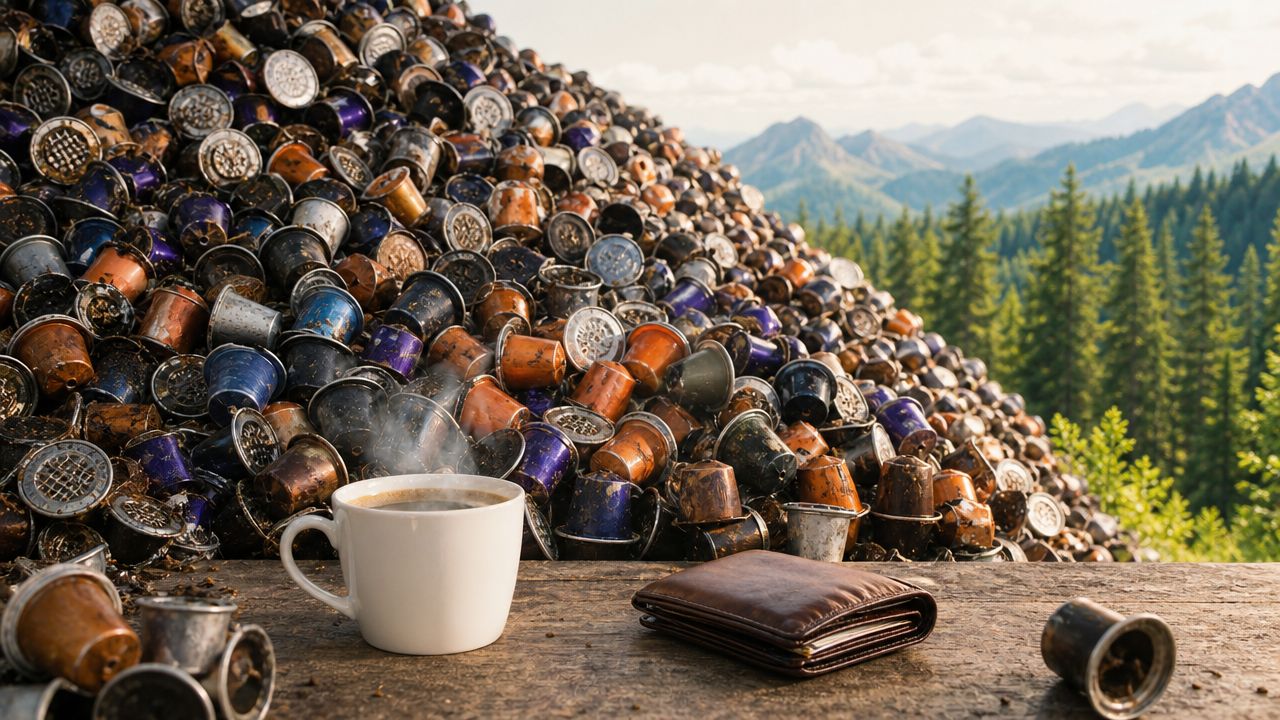 A cup of coffee next to a wallet on a table piled with used espresso pods.