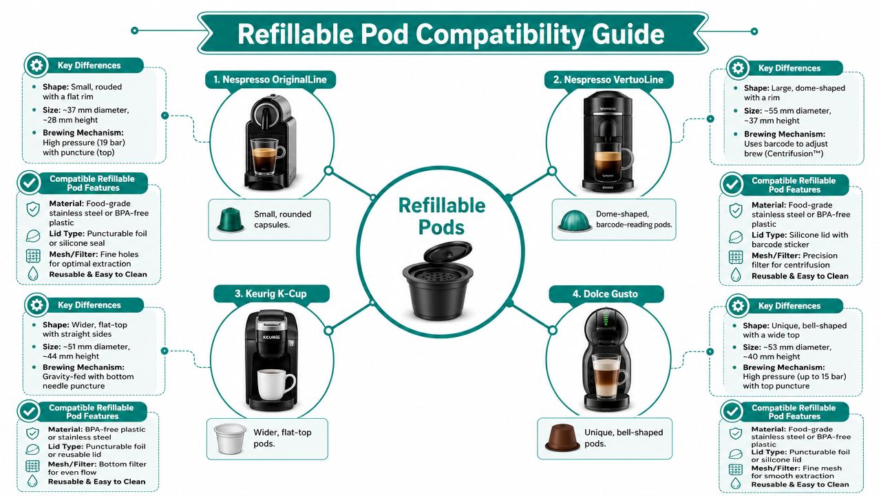 A comprehensive infographic guide detailing compatibility, design, and features for various refillable coffee pods.