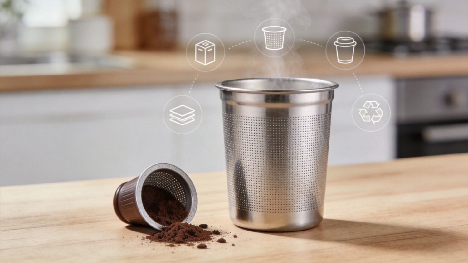 Reusable coffee capsule and stainless steel coffee cup with recycling icons