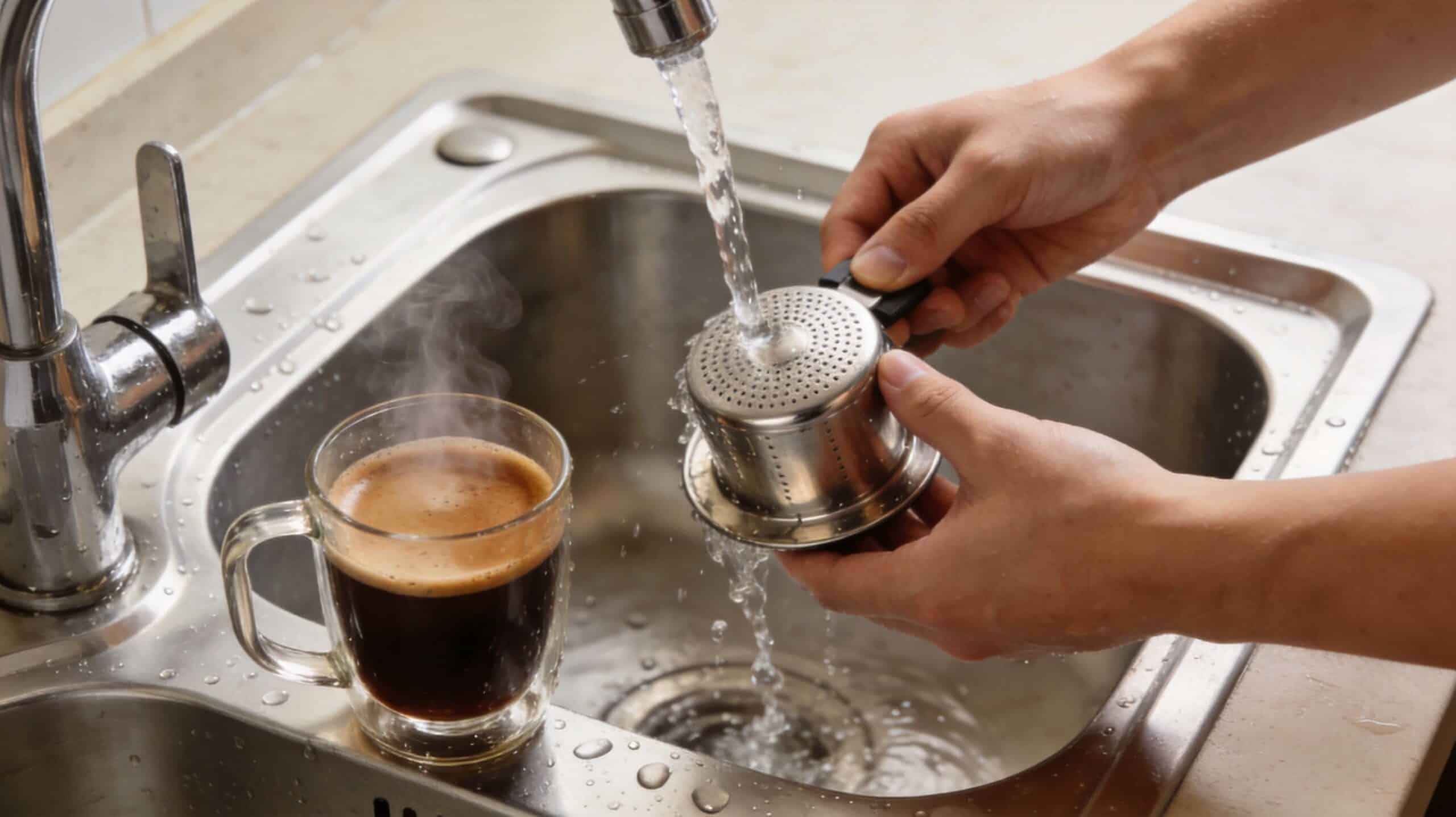 A person washing a metal coffee filter in a kitchen sink next to a steaming espresso cup.