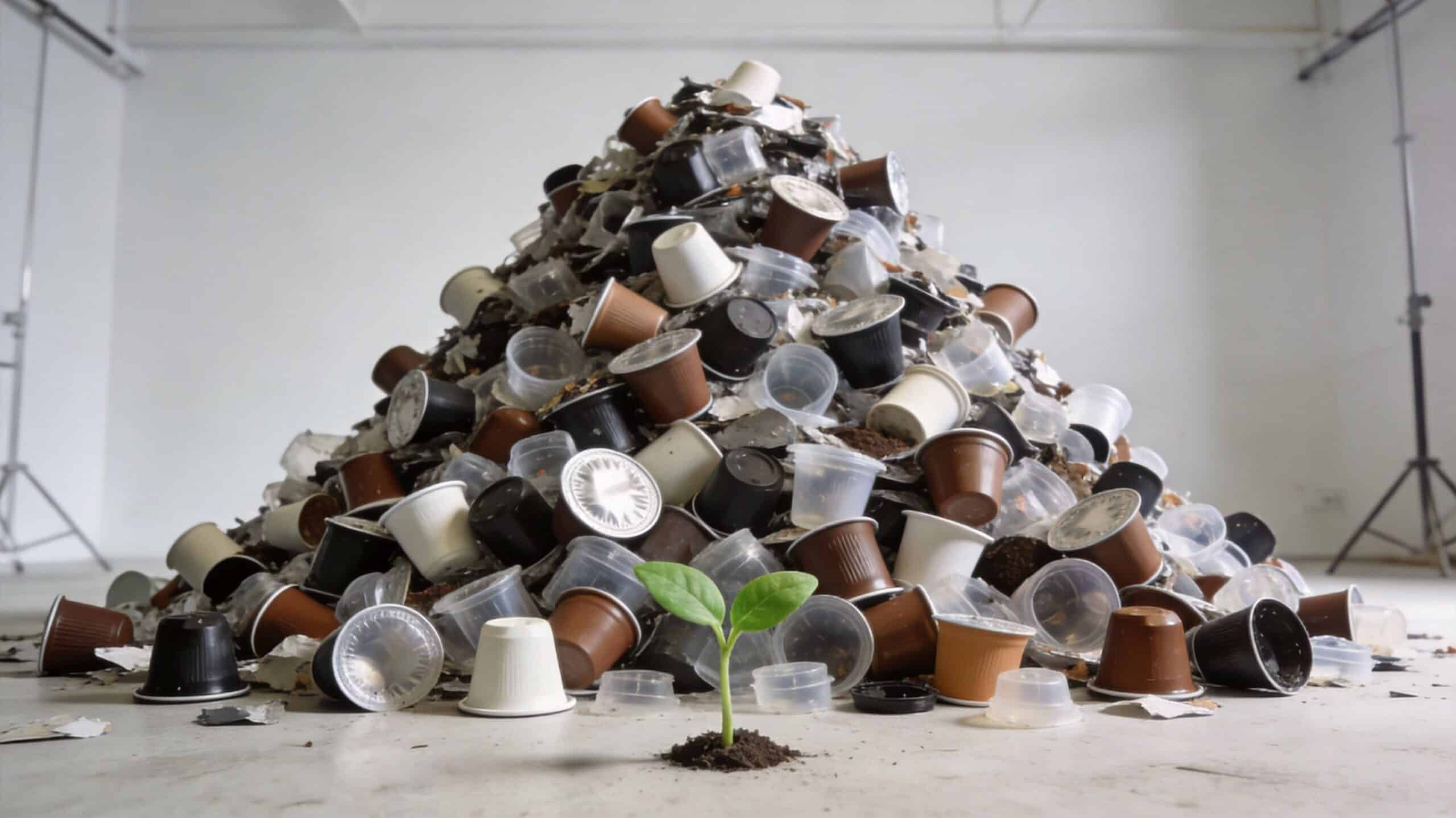 A small green seedling growing in front of a large, messy pile of discarded coffee pods.