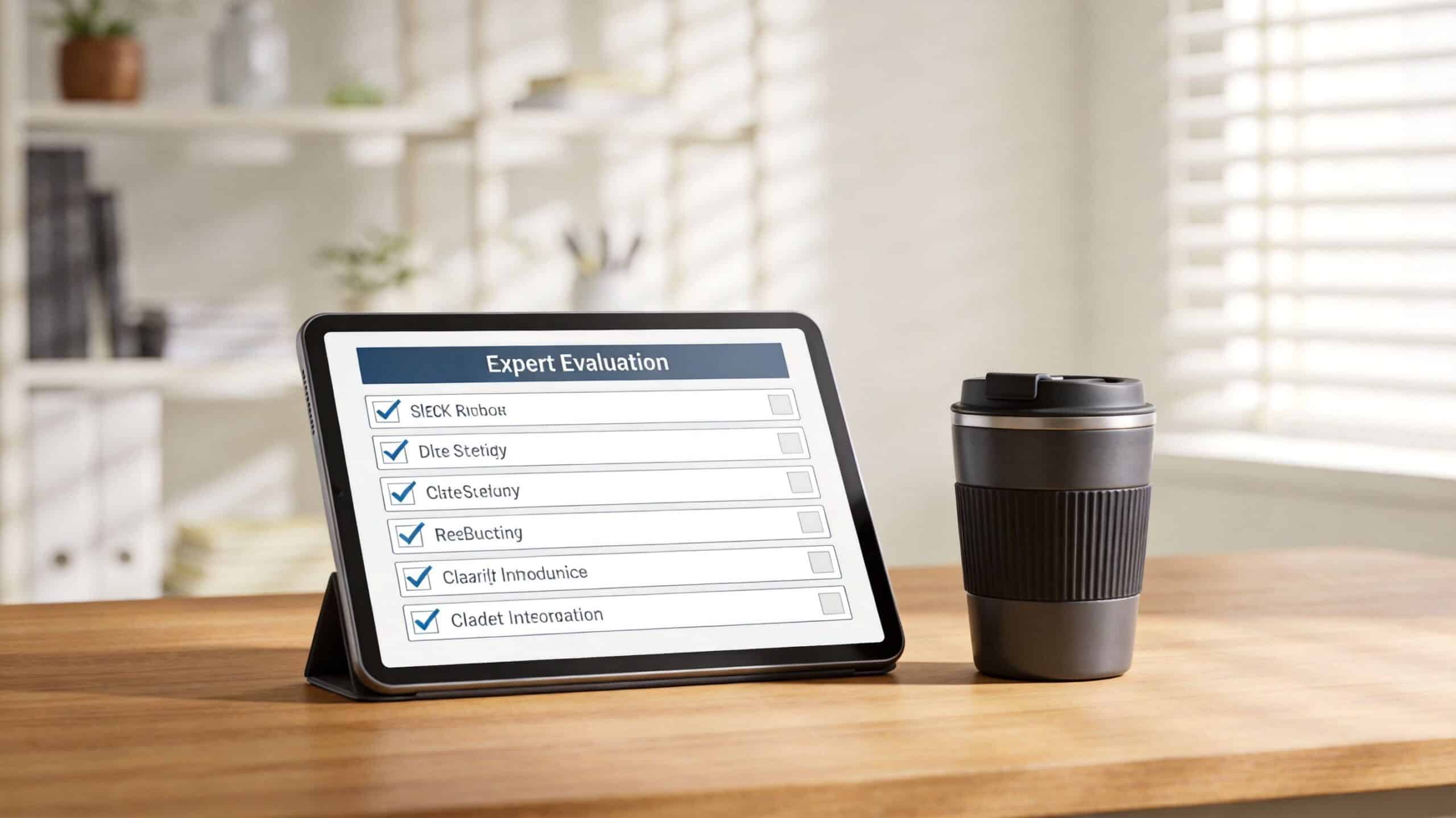 A digital tablet displaying an expert evaluation checklist next to a reusable coffee cup on a desk.
