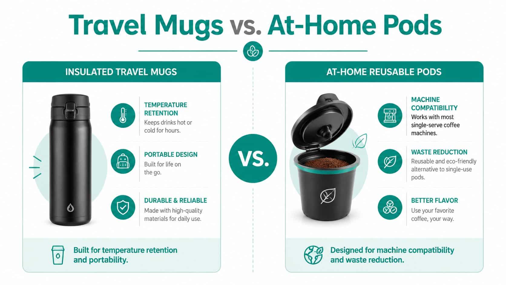 An infographic comparing features of insulated travel mugs versus at-home reusable coffee pods for beverage preparation.