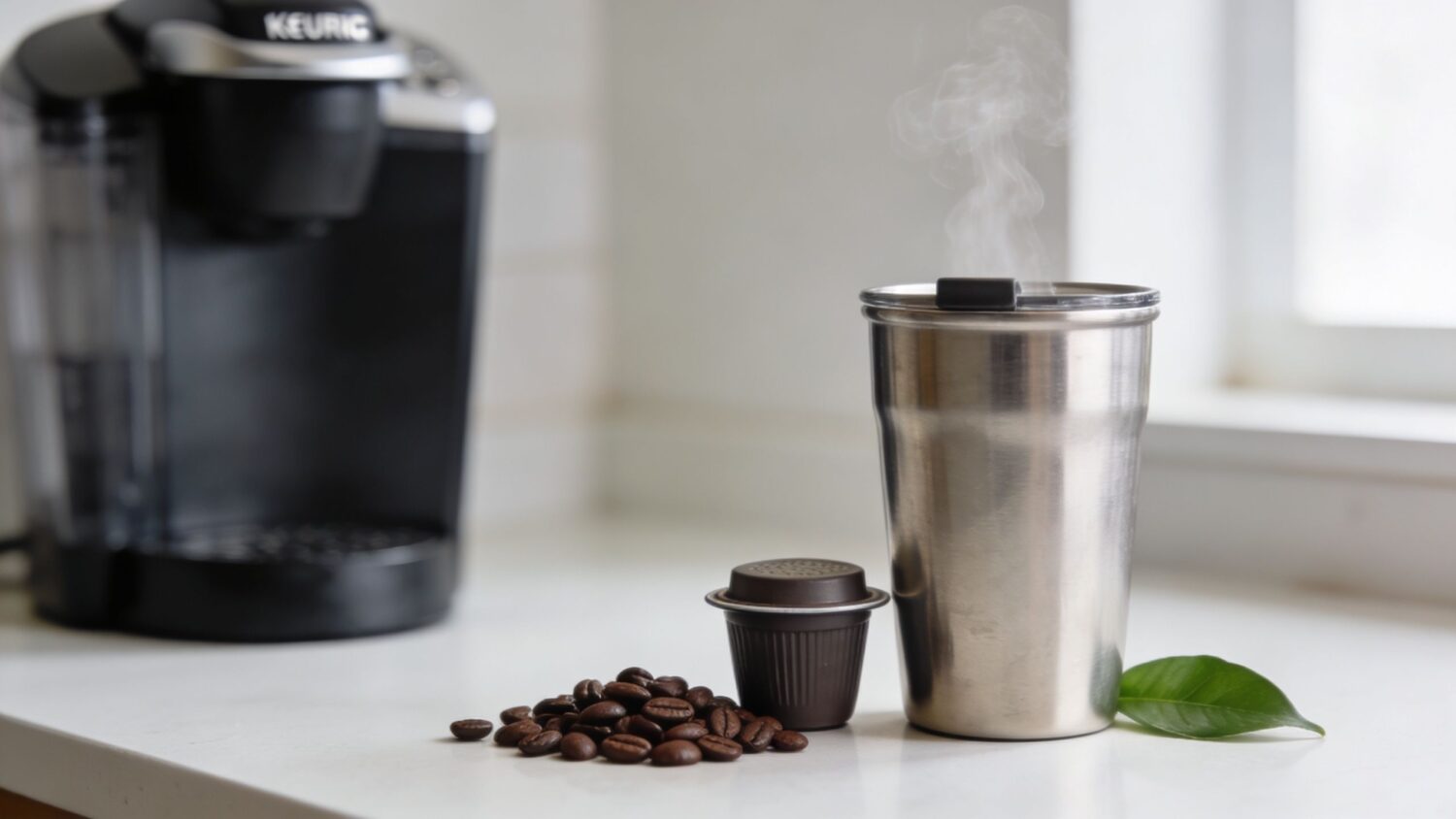 Keurig coffee maker with reusable pod, coffee beans, and travel mug