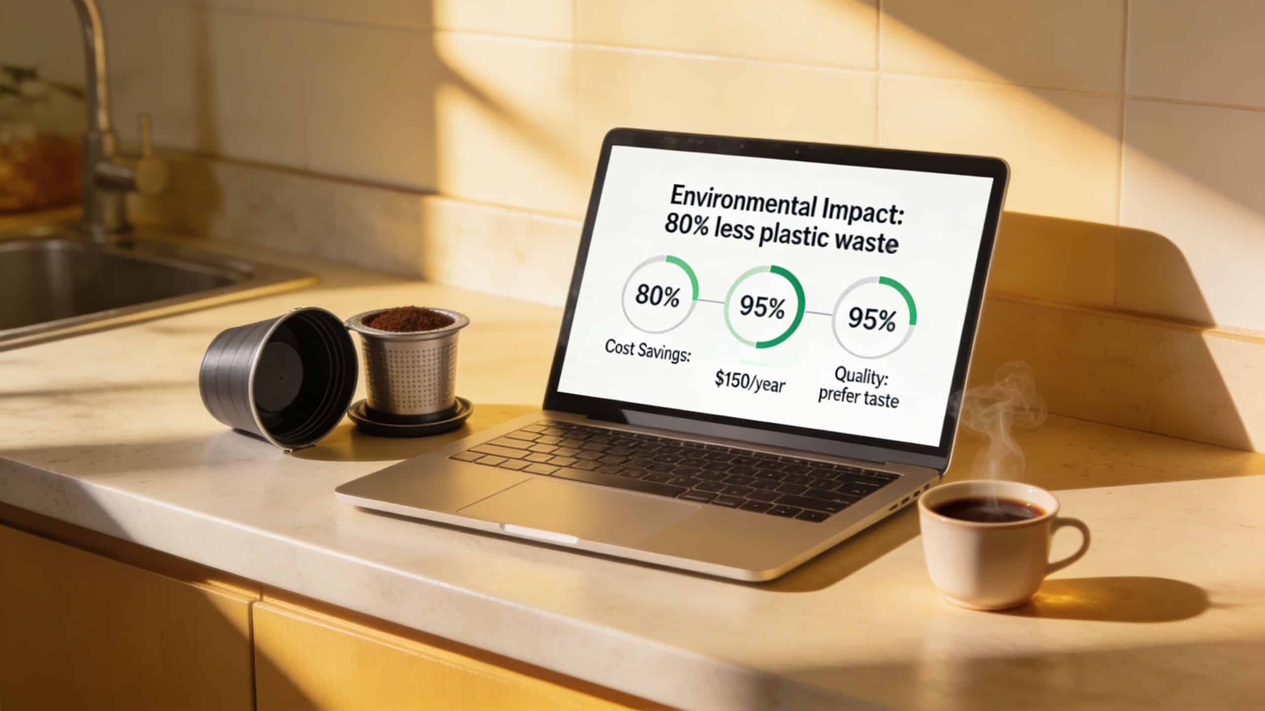 A laptop on a kitchen counter displaying coffee pod sustainability statistics next to a reusable filter.