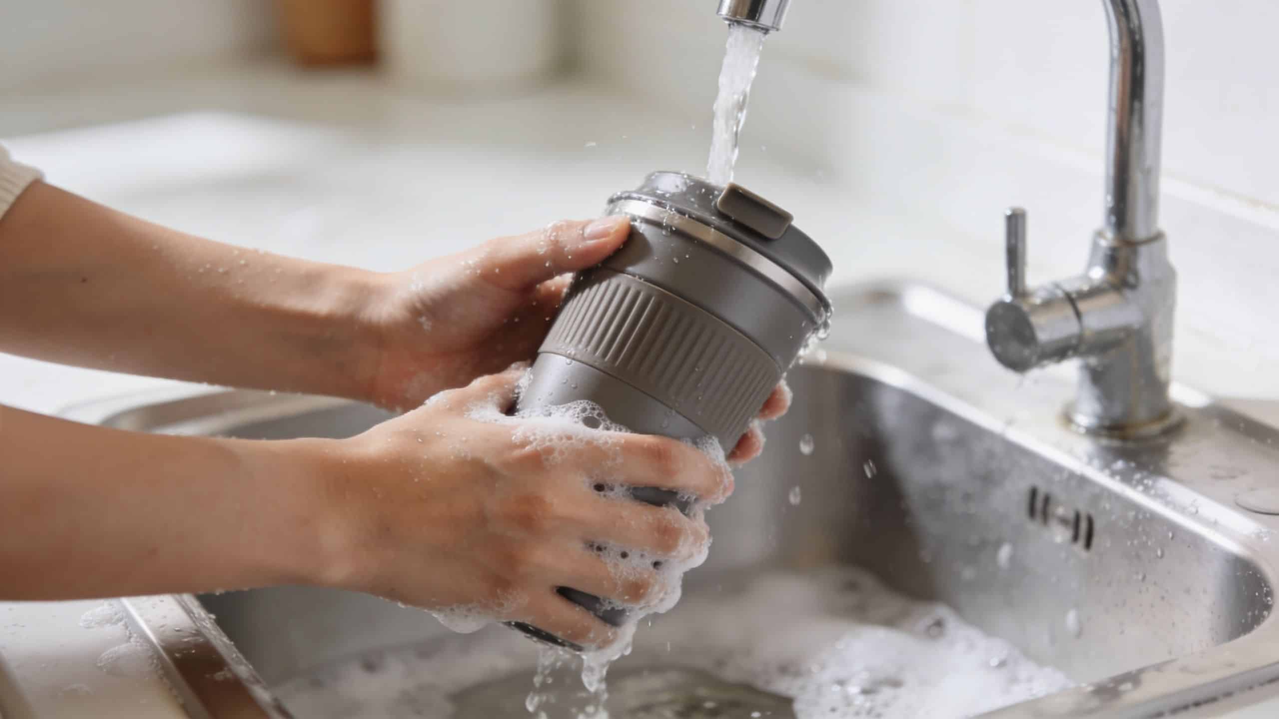 A person washing a reusable coffee cup with soap and water in a kitchen sink.