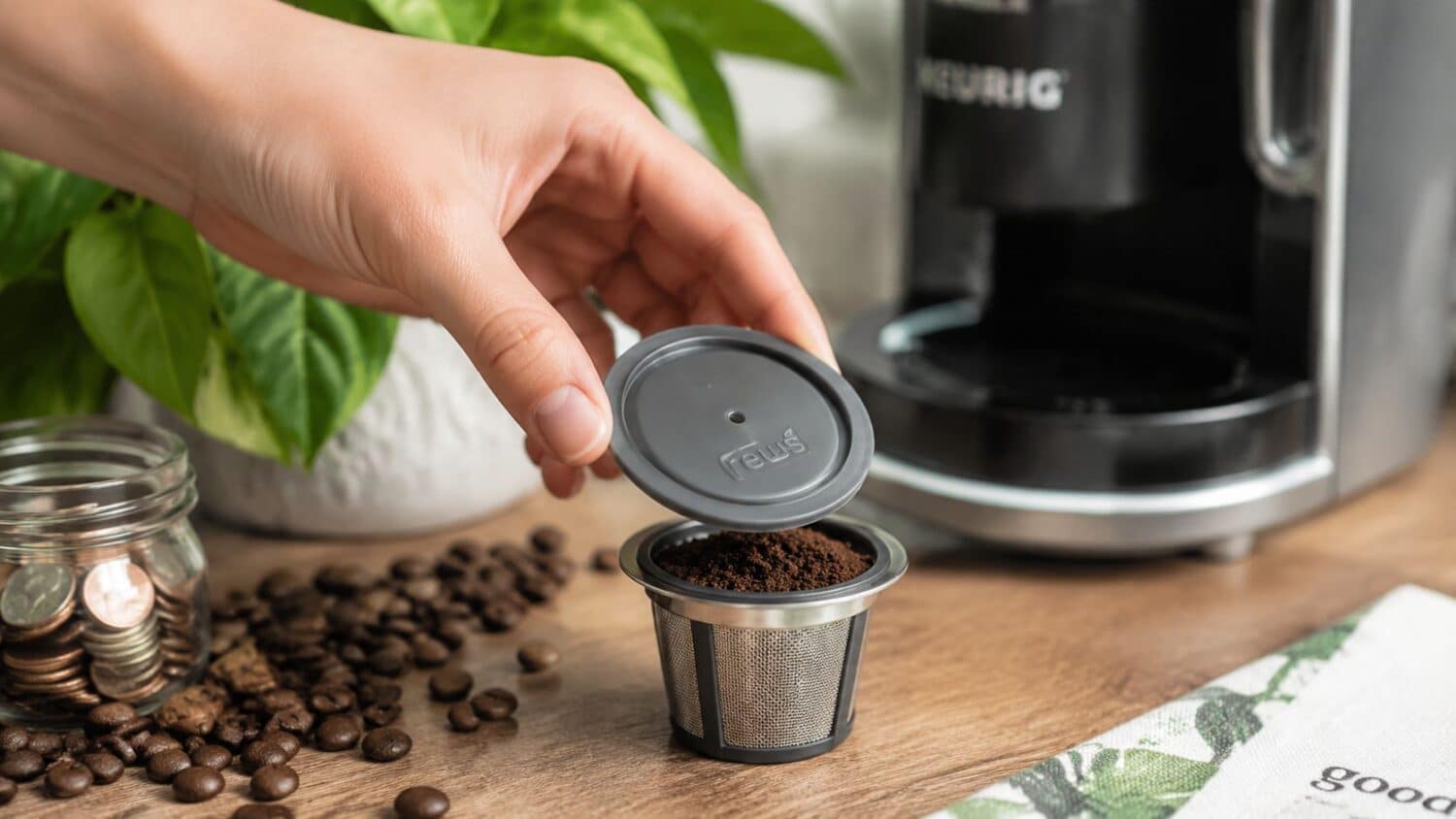 Hand places reusable K-cup coffee filter filled with grounds into Keurig machine