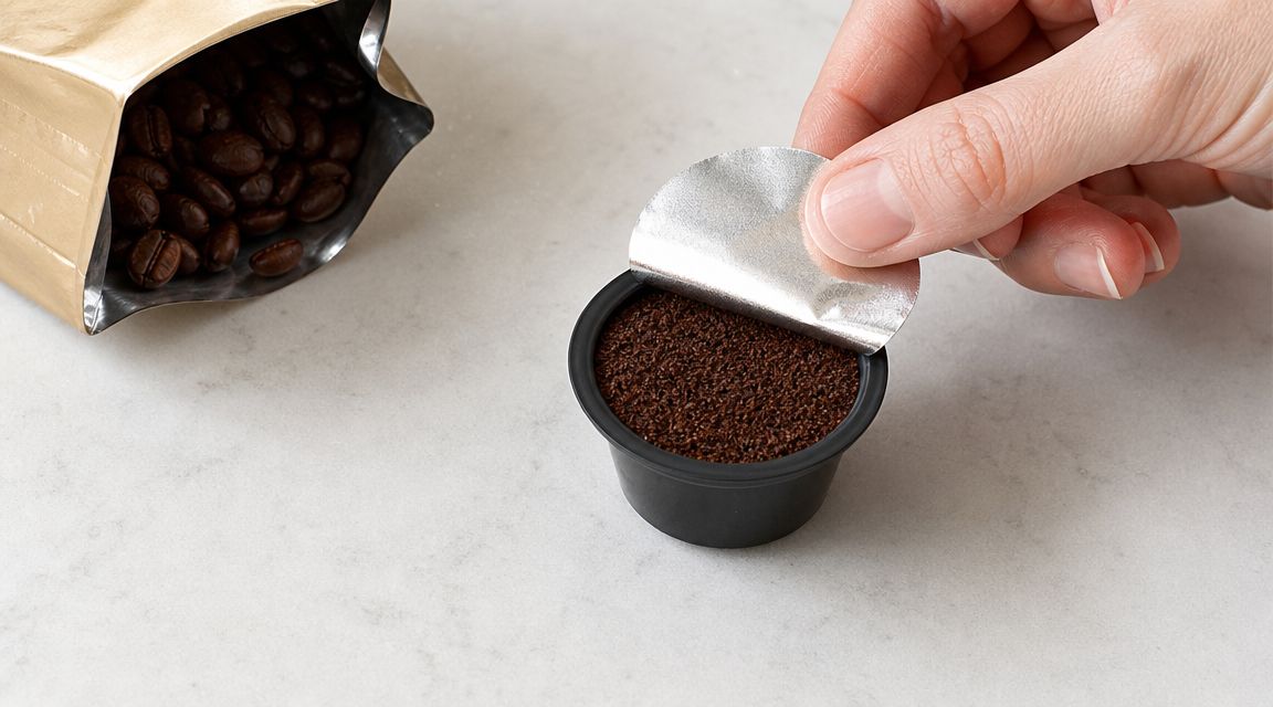 A hand placing a metallic foil lid onto a reusable coffee pod filled with ground coffee beans.