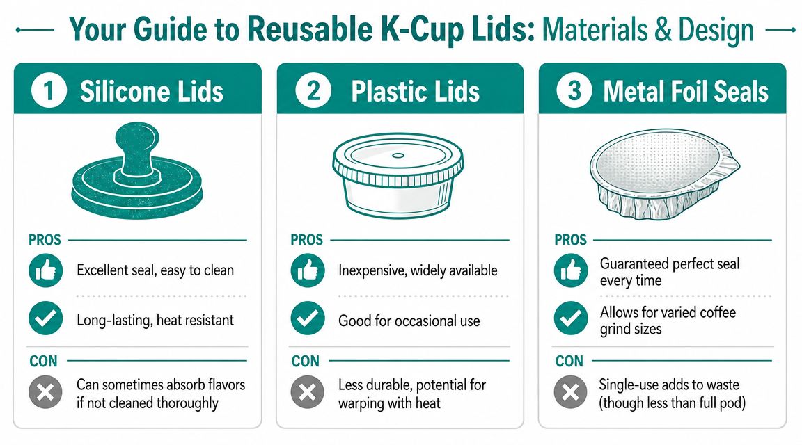 A comparison guide for reusable K-Cup lids outlining the pros and cons of silicone, plastic, and metal options.
