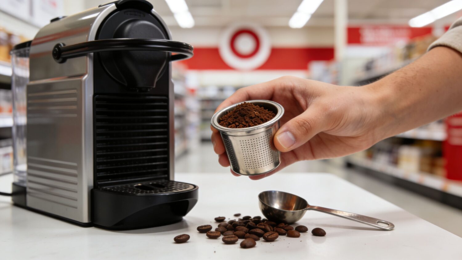 Person fills reusable Nespresso pod with coffee grounds near machine