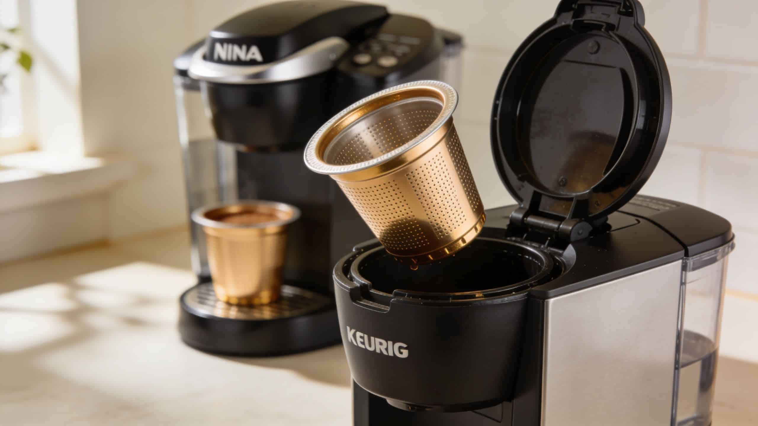 A gold-toned reusable coffee pod held above a Keurig coffee maker, with another pod on the counter.