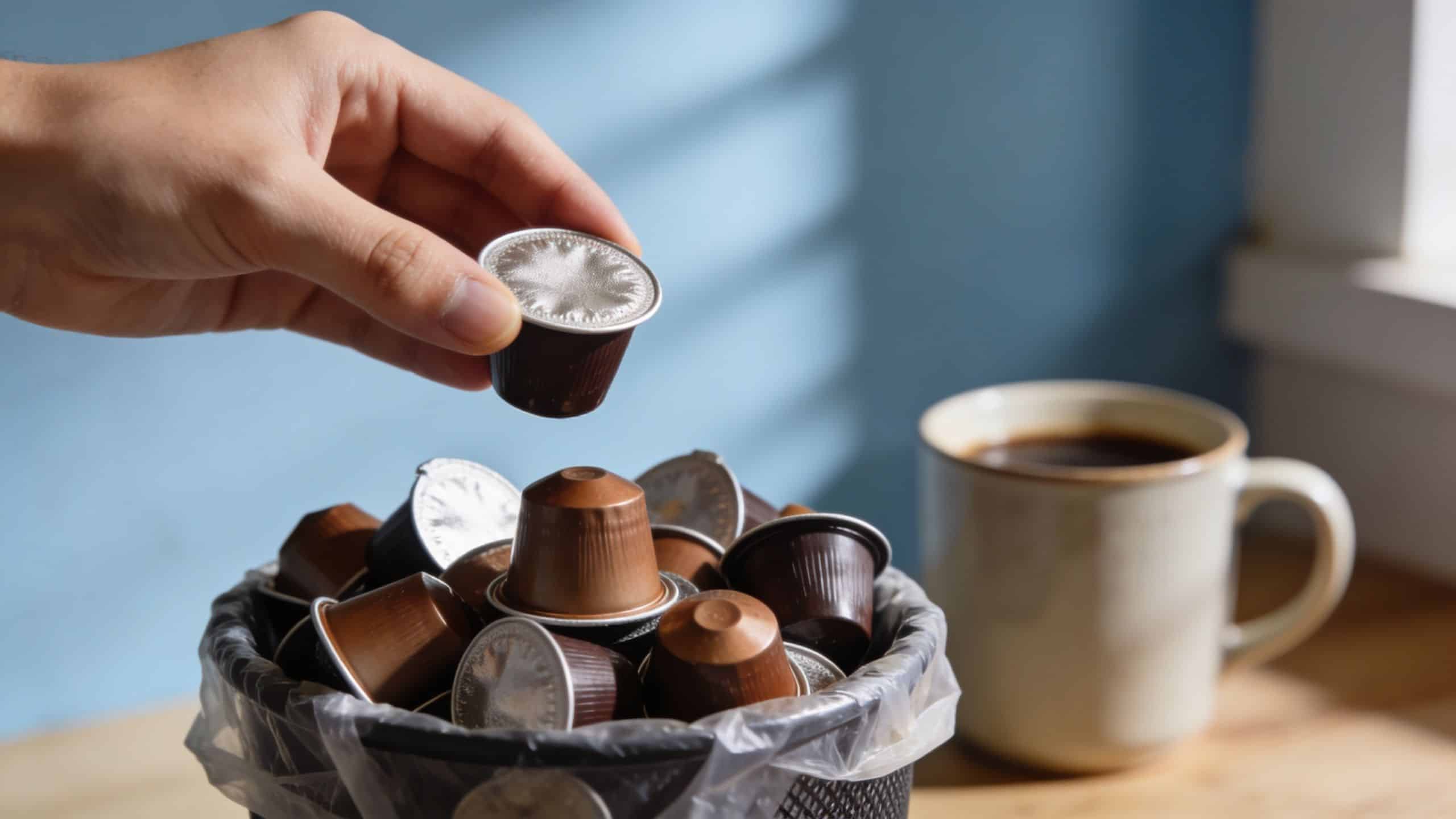A hand disposing of a used coffee pod into a trash bin filled with other discarded capsules.