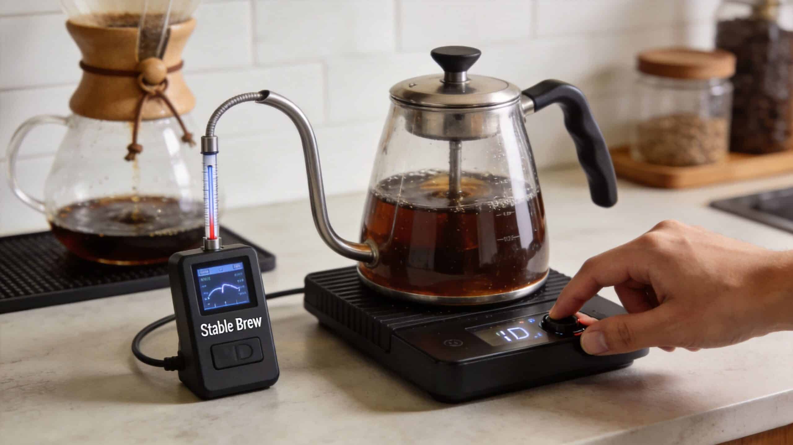 A person adjusting the settings on a black digital coffee heating device with a temperature monitoring system.