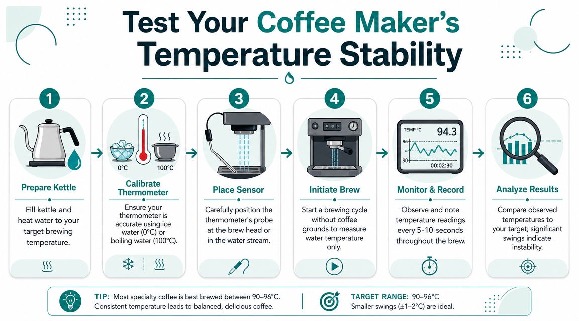 A step-by-step infographic illustrating how to test the temperature stability of a home coffee maker.