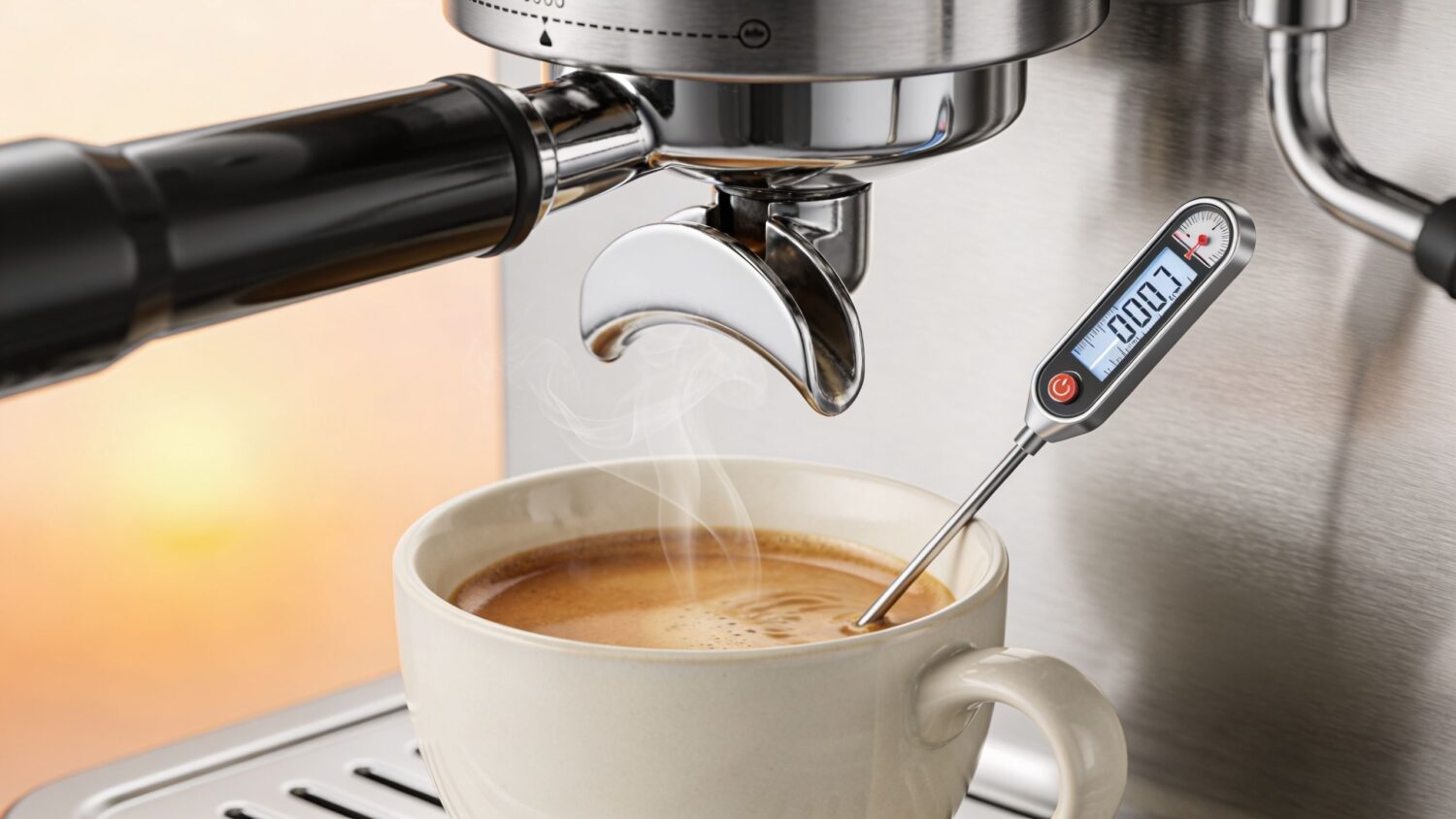 Espresso machine brewing coffee, with a thermometer in a cup.