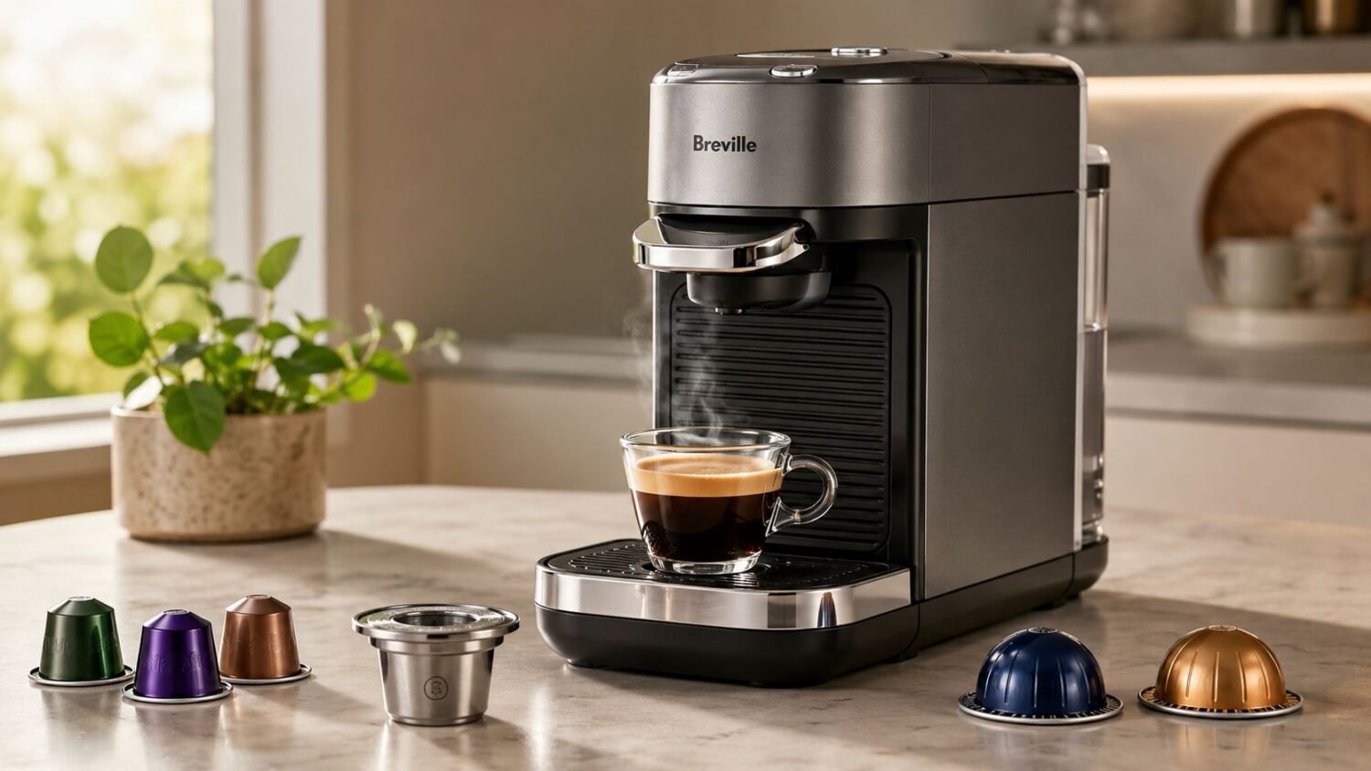 Breville espresso machine brewing coffee with pods and cup
