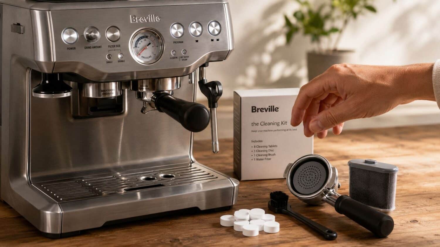 Breville espresso machine with cleaning kit, tablets, and portafilter