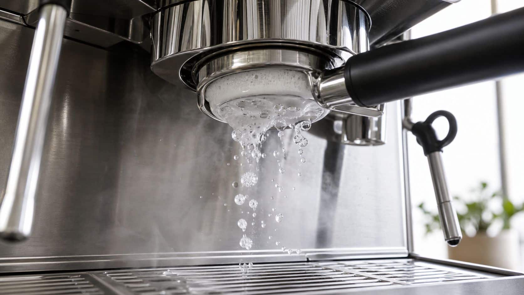 A professional espresso machine flushing hot water through the portafilter to clean the internal components.