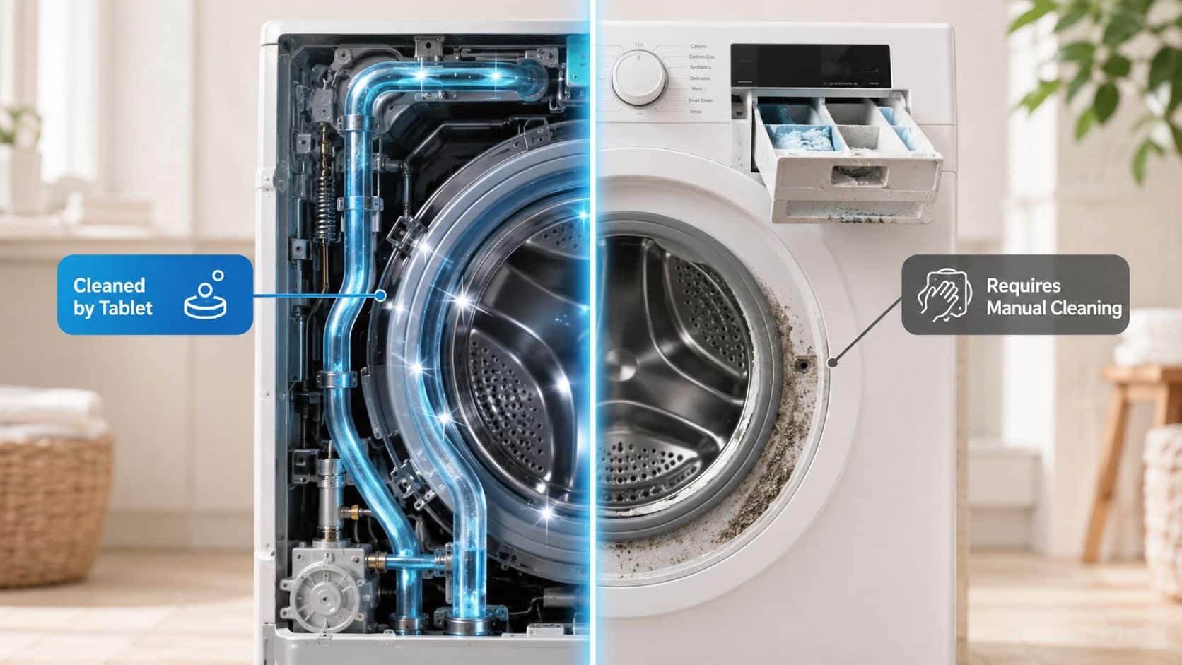 A split-view diagram showing a washing machine interior cleaned by a tablet versus a dirty seal requiring manual cleaning.