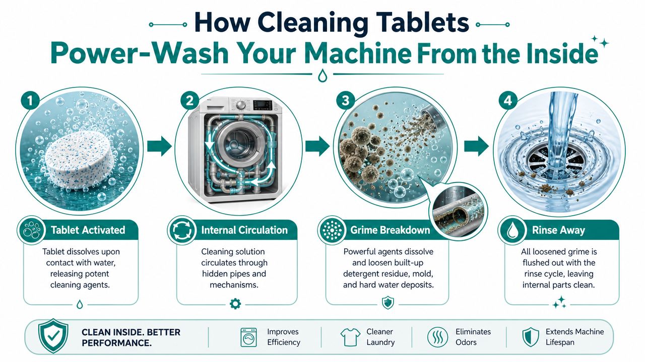 An infographic showing the four steps of how cleaning tablets power-wash a washing machine from the inside.