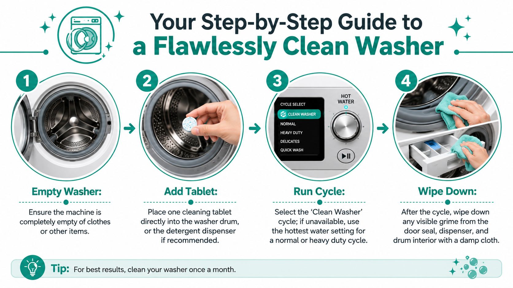 A step-by-step instructional graphic showing how to use a tablet to clean a washing machine.
