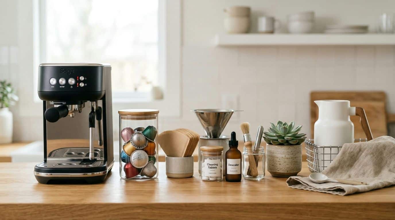 Espresso machine, coffee pods, filters, and cleaning supplies