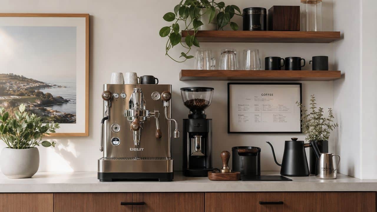 A modern home coffee bar setup featuring an espresso machine, grinder, and minimalist accessories on a wooden counter.