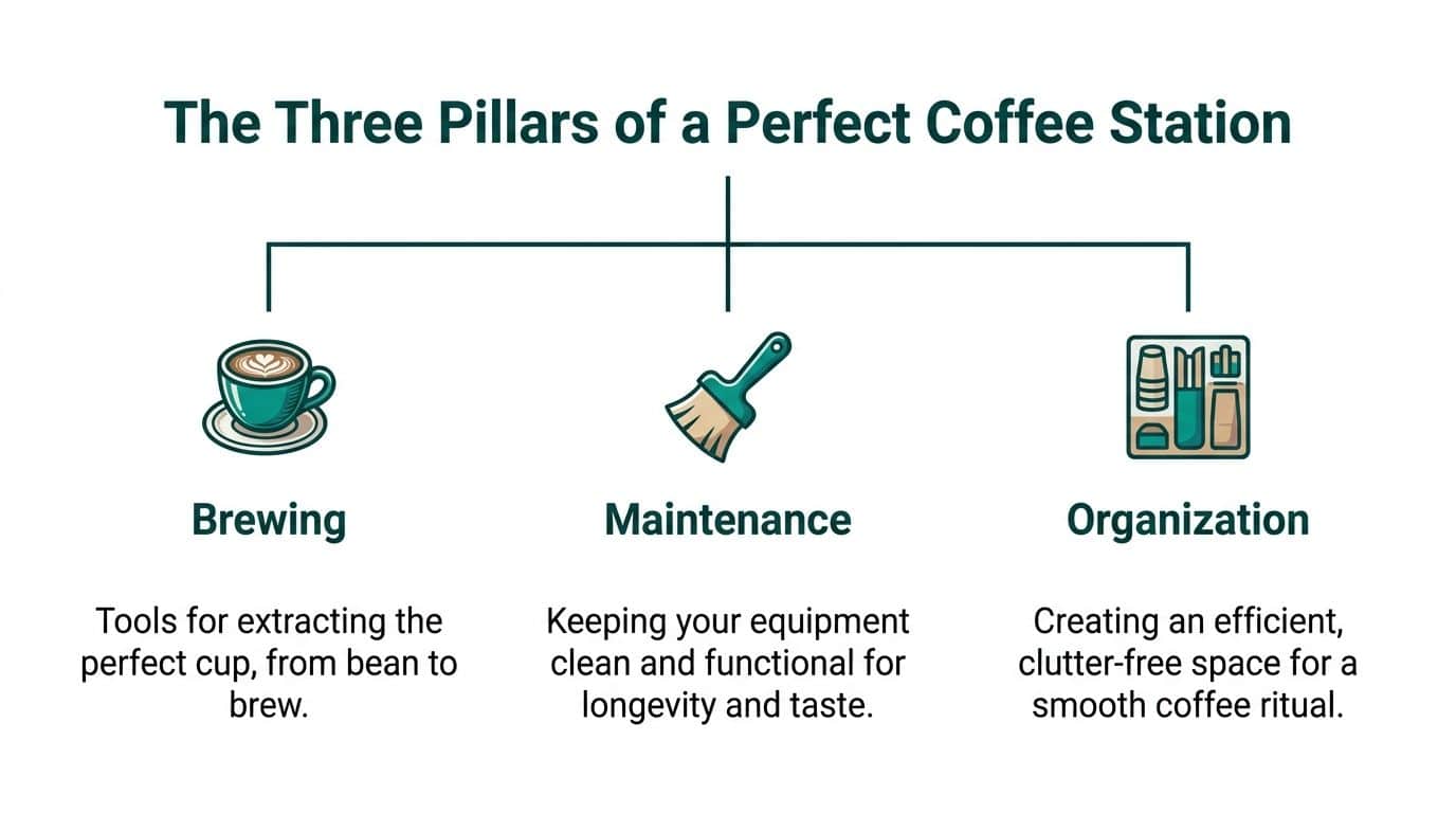 A diagram illustrating the three pillars of a perfect home coffee station: brewing, maintenance, and organization.