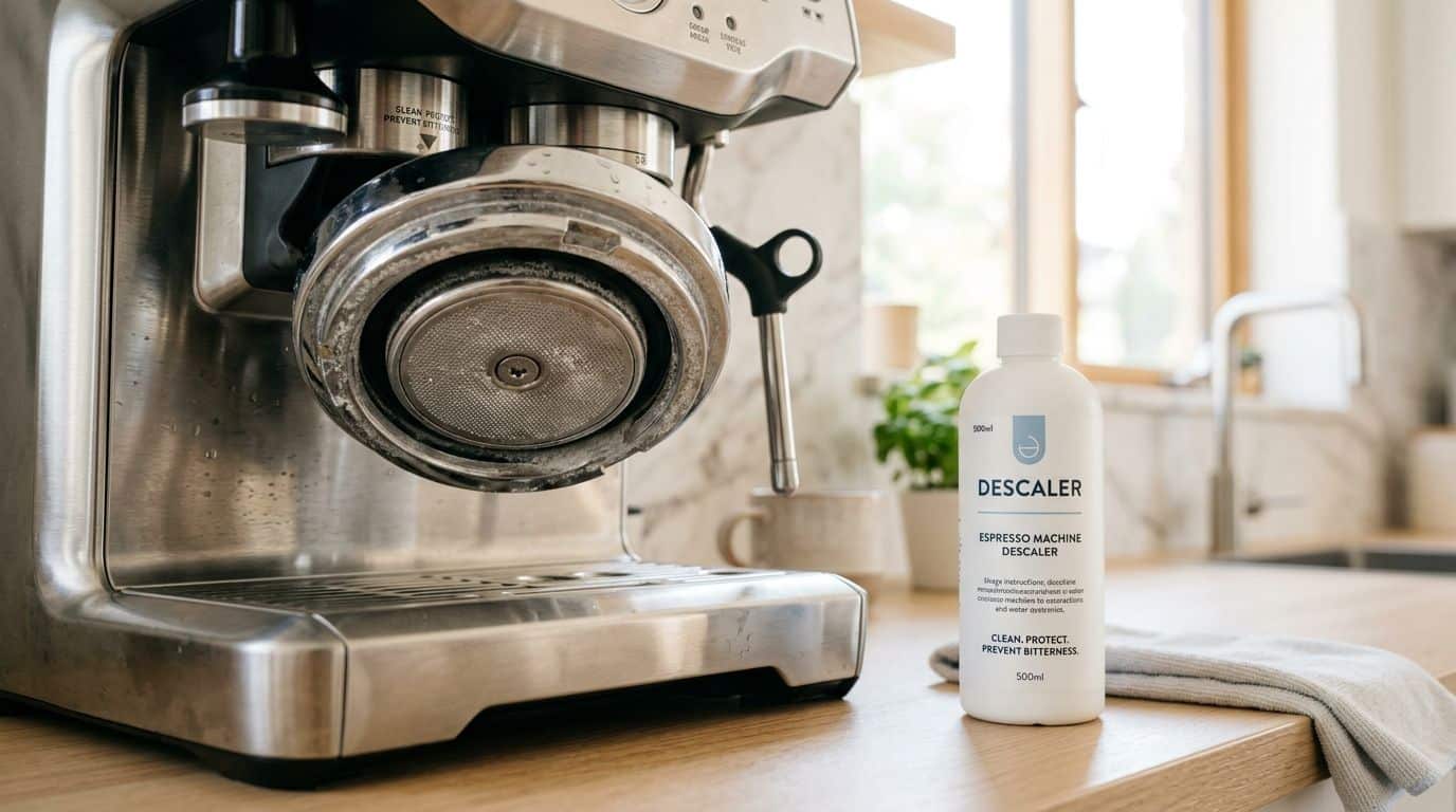A stainless steel espresso machine sits on a wooden counter next to a bottle of coffee descaling solution.