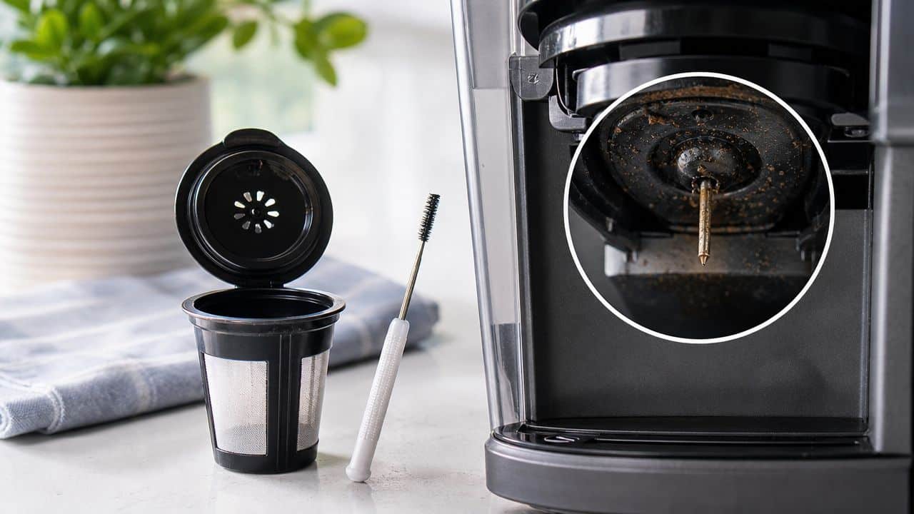 A reusable coffee filter, a cleaning brush, and a Keurig coffee maker with a dirty brew needle.