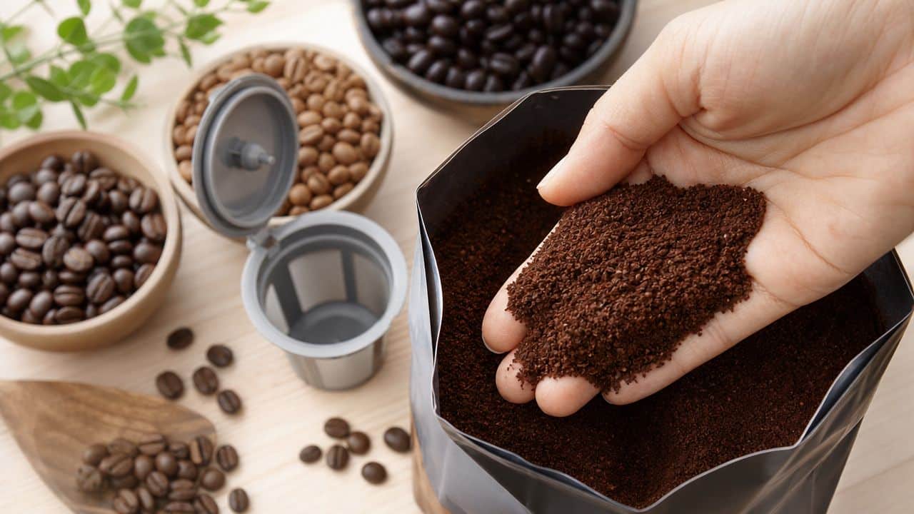 A hand holding ground coffee over an open pouch with bowls of coffee beans and a reusable filter nearby.