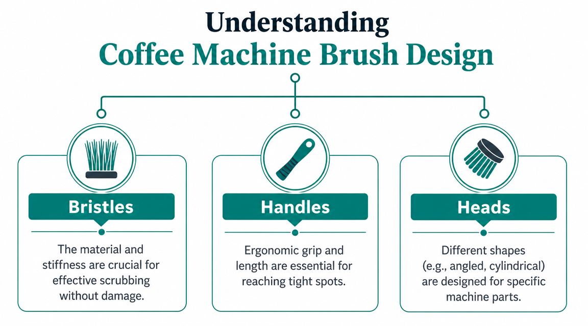 An infographic diagram outlining the three key components of coffee machine brush design: bristles, handles, and heads.