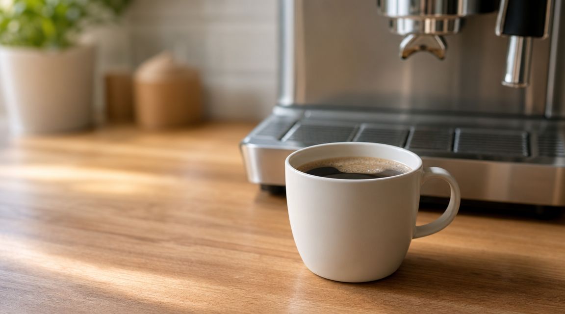 A white ceramic mug filled with fresh hot coffee sits on a wooden counter near an espresso machine.