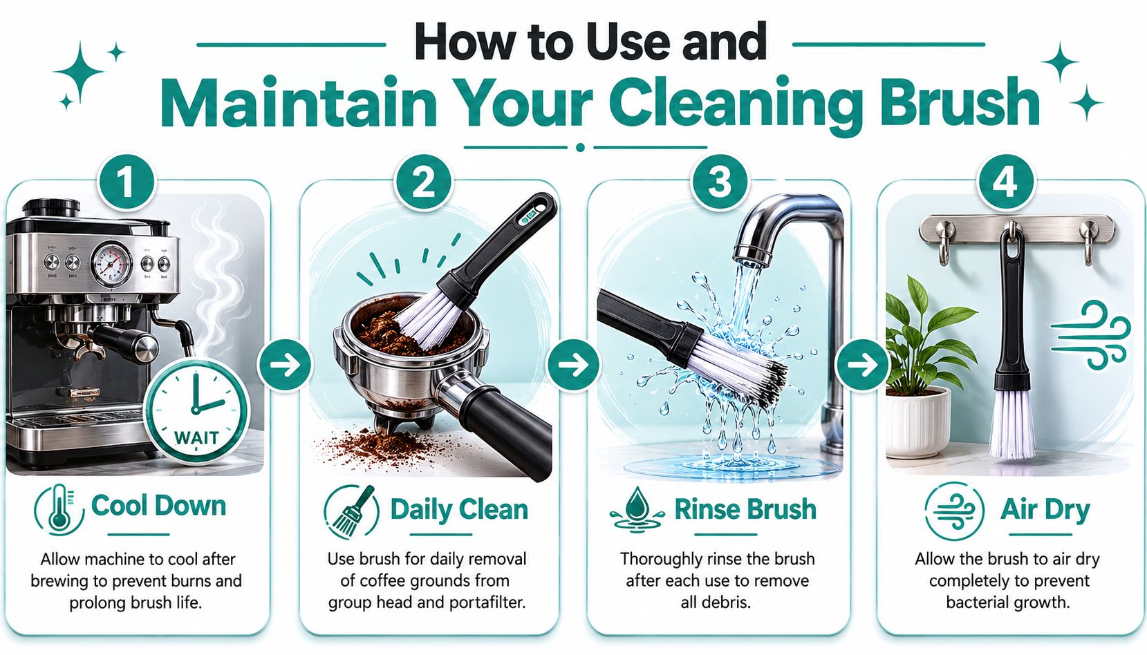 A four-step instructional infographic showing how to clean a coffee machine portafilter using a cleaning brush.