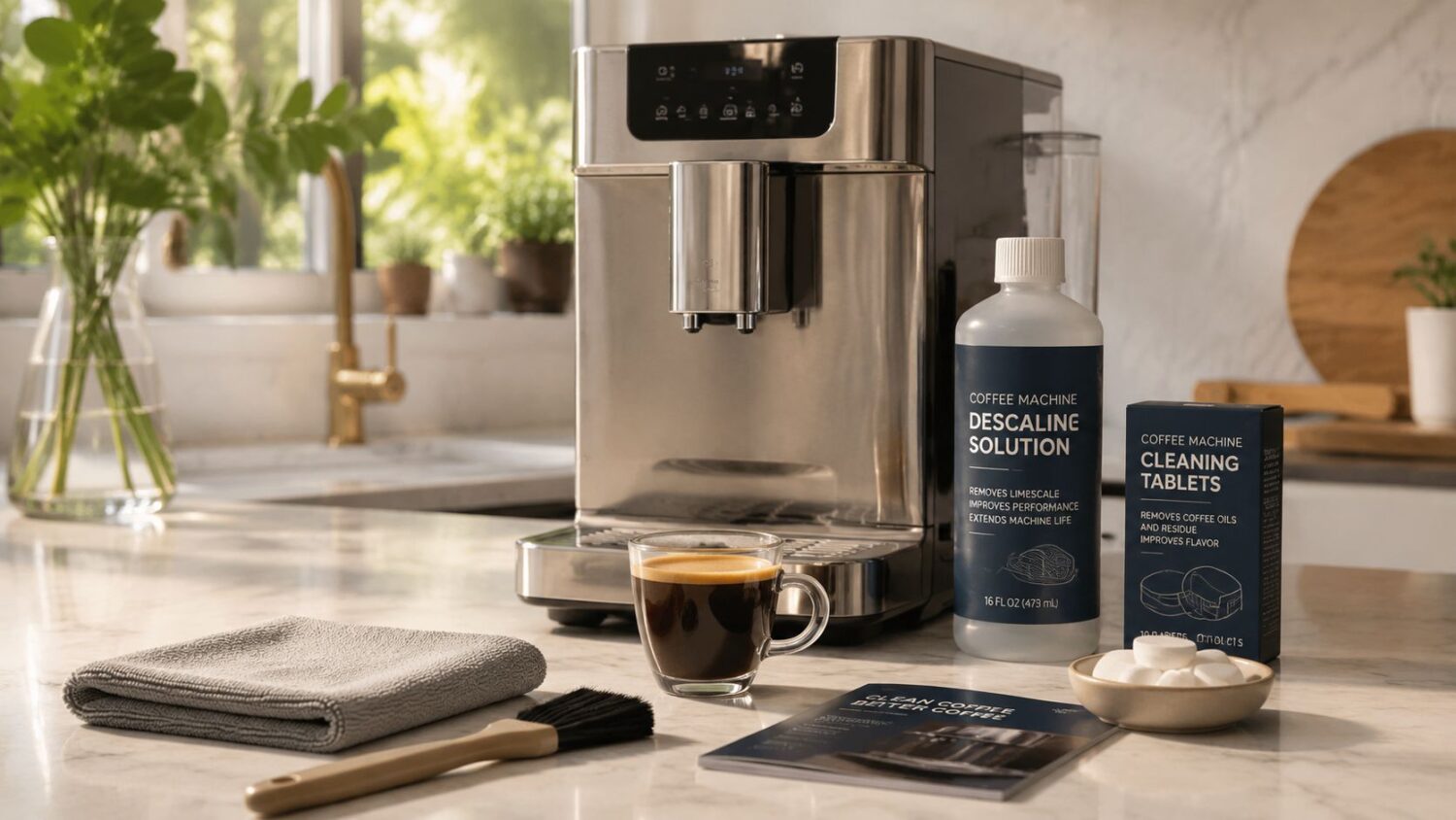 Coffee machine cleaning supplies: descaling solution, cleaning tablets, brush, and cloth