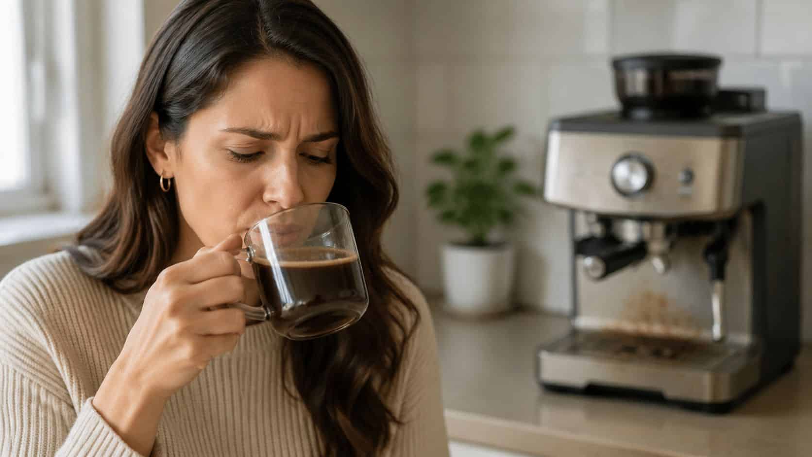 A woman looks concerned while tasting a cup of coffee near a home espresso machine.