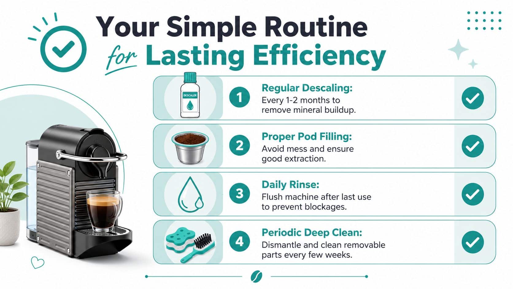 A guide infographic illustrating four simple steps to maintain a coffee machine for lasting efficiency.
